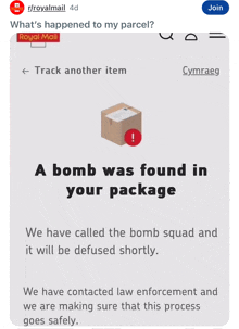 a bomb was found in your package according to the royal mail