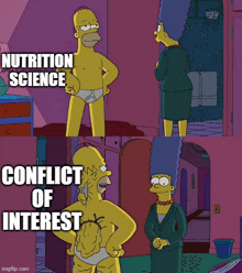 a cartoon of homer simpson with the words nutrition science conflict of interest below him