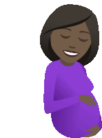 a pregnant woman in a purple shirt is smiling and holding her belly