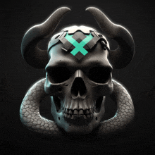 a skull with horns and a cross on top