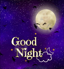 a purple background with the words good night and a picture of a woman in the moon