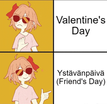 a girl wearing sunglasses is pointing at valentine 's day in a meme