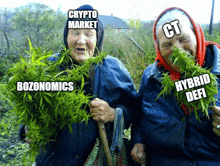 two elderly women holding bundles of marijuana with the words crypto market bozonomics and hybrid defi written on their heads