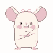 a pixel art hamster with pink ears and a bow on its head is eating something .