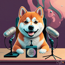 a shiba inu dog sitting at a table with microphones and a shiba recap sign