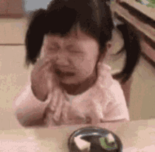 a little girl is crying while sitting at a table with a plate of food in front of her .