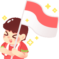 a boy in a red shirt is holding a flag