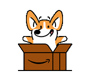 a cartoon dog is sitting in a brown box with a smile on its face .