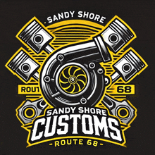 a logo for sandy shore customs shows a turbocharger and pistons