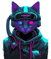 an illustration of a cat wearing a helmet with vividarkness written on it