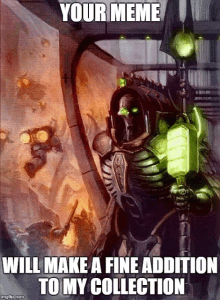 a painting of a skeleton holding a green light with the caption " your meme will make a fine addition to my collection " .