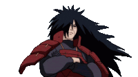 a cartoon drawing of a man with long black hair and red armor