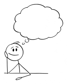 a stick figure with a thought bubble above his head .