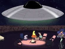 a cartoon of a group of people sitting around a campfire with an ufo flying overhead