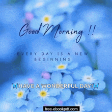 a picture of blue flowers with the words " good morning " on it