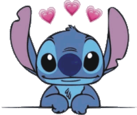 a drawing of stitch with three pink hearts behind his head