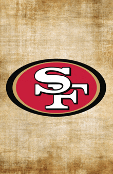 a logo for the san francisco 49ers is displayed on a brown background