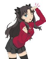 a pixel art of a girl in a red shirt and black skirt