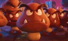 a group of cartoon mushrooms with angry faces are standing together