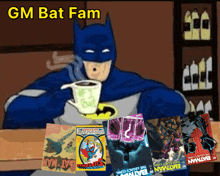 a cartoon of batman holding a cup of coffee surrounded by comic book covers