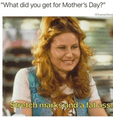 a woman with red hair is smiling and says " what did you get for mother 's day ? "