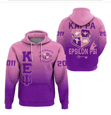 a pink and purple kappa epsilon psi hoodie with the front and back