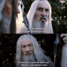 a man with long white hair and a beard is talking to another man