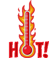 a hot thermometer with flames and the word hot below it