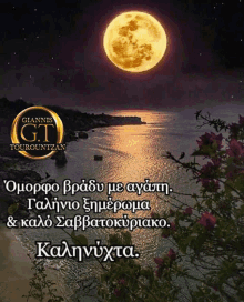 a poster of a full moon over a body of water with flowers in the foreground