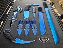 a bunch of blue knives and swords are sitting on top of a case .