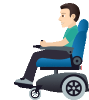 a man is sitting in a blue wheelchair with a steering wheel