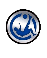 a blue and silver circle with a person falling in it