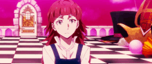 a girl with red hair is standing in front of a checkered floor