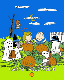 a cartoon of snoopy and his friends in a pumpkin patch with the words happy halloween