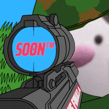 a cartoon drawing of a rifle with the words soon tm on the lens