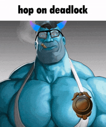 a cartoon of a man with horns and glasses with the words hop on deadlock above him