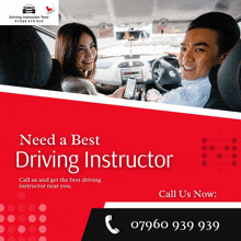 a man and a woman in a car with the words need a best driving instructor on the bottom