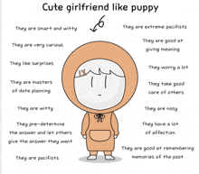 a cartoon drawing of a girl with the words cute girlfriend like puppy below her