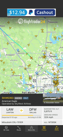 a screenshot of a flight tracker app showing planes flying over fort worth and dallas