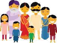 a cartoon drawing of a family with a man with a mustache