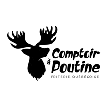 a black and white moose head with the words comptoir a poutine written below it