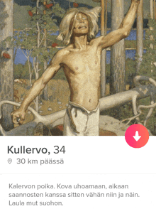 a painting of a shirtless man with his arms outstretched is on a tinder page