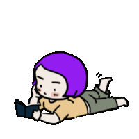 a cartoon of a girl with purple hair laying on the floor reading a book .