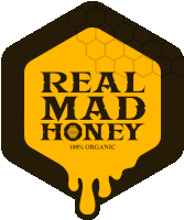 a logo for real mad honey 100 % organic with a honeycomb background