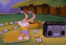 a cartoon of a bunny rabbit dancing next to a boombox