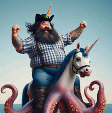 a man with a beard is riding on the back of an octopus unicorn