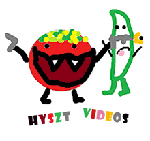 a drawing of a tomato and a green bean with the words hyszt videos below