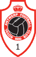 a white shield with a black soccer ball and the words " antwerp football club "