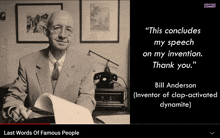 a black and white photo of a man sitting at a desk with the caption " this concludes my speech on my invention thank you "