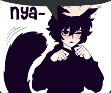 a black and white drawing of a cat with the word nya written on it